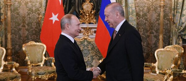 Президент РФ Владимир Путин и президент Турции Реджеп Тайип Эрдоган во время встречи Президент РФ Владимир Путин и президент Турции Реджеп Тайип Эрдоган во время встречи - Sputnik 日本