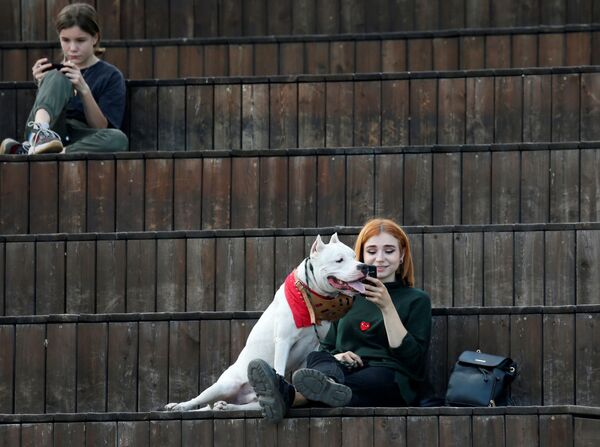 エニセイ川のほとりで犬と一緒にくつろぐ女性、ロシアのクラスノヤルスク - Sputnik 日本