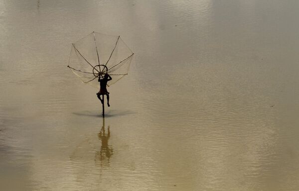 竹の棒の上で手作りの漁網を使った漁の準備をするインドの農民 - Sputnik 日本