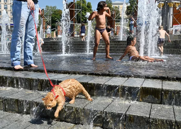 ウクライナ首都キエフの猛暑、噴水で涼む市民ら ウクライナ首都キエフの猛暑、噴水で涼む市民ら - Sputnik 日本