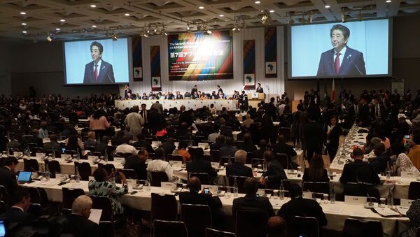 Премьер-министр Японии Синдзо Абэ выступает с речью на церемонии закрытия седьмой Токийской международной конференции по развитию Африки (TICAD) в Иокогаме - Sputnik 日本