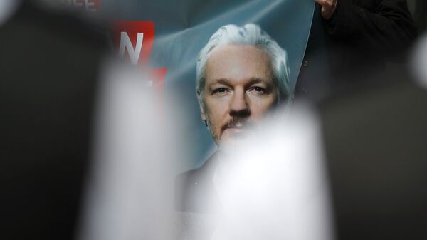 Плакаты в поддержку основателя WikiLeaks Джулиана Ассанжа возле магистратского суда в Лондоне - Sputnik 日本