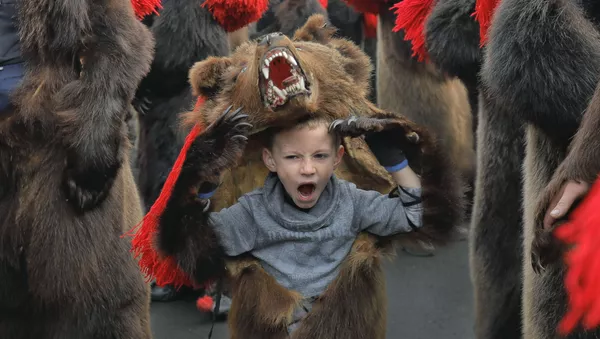 ルーマニアの町コマネシュティにて　新年のパレードでクマの着ぐるみを着る少年　歌って踊りながら町を練り歩き、悪を追い払う - Sputnik 日本