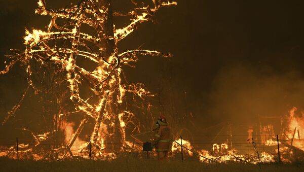 Австралийские пожарные борются с лесными пожарами в районе города Билпин - Sputnik 日本