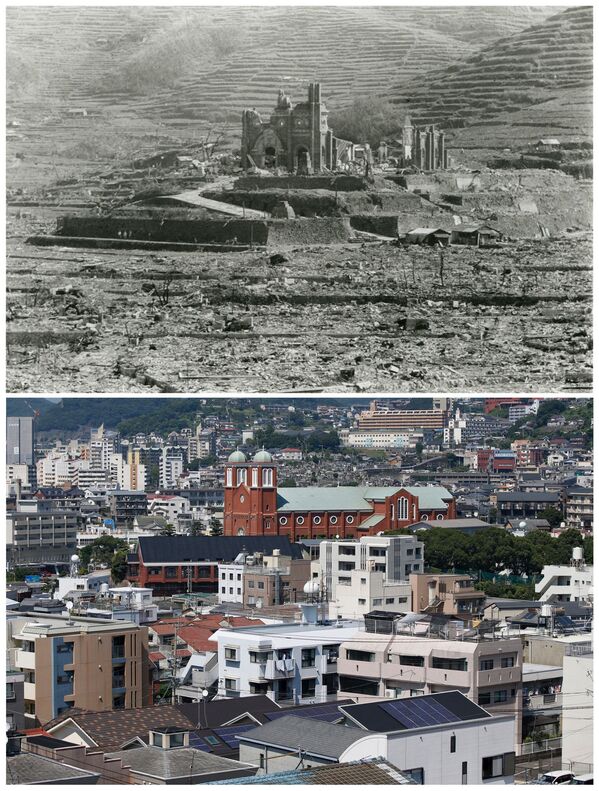 ８月９日と現在の上から見た浦上教会 - Sputnik 日本