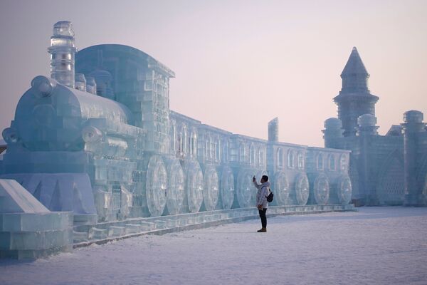 氷の彫刻を写真に収める男性　中国のハルビンにて - Sputnik 日本