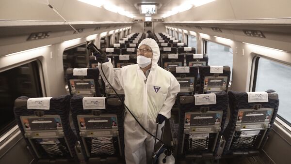 Распыление дезинфицирующих средств в поезде на станции в Сеуле в качестве меры предосторожности против нового коронавируса, Южная Корея - Sputnik 日本