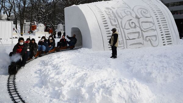 日進カップヌードルの雪のトンネルを潜る来場客 - Sputnik 日本