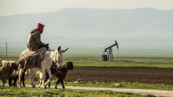 Пастух на осле едет мимо нефтяного месторождения в Сирии на границе с Турцией - Sputnik 日本