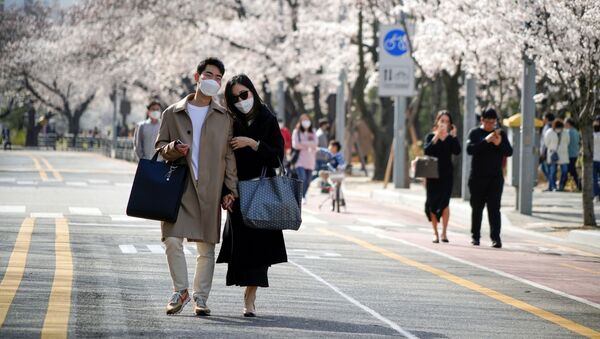 Пара в медицинских масках на фоне цветущей Сакуры на одной из улиц Сеула, Южная Корея - Sputnik 日本