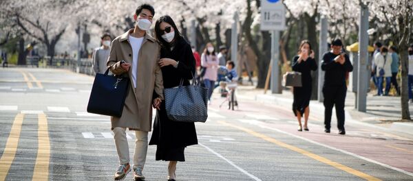 Пара в медицинских масках на фоне цветущей Сакуры на одной из улиц Сеула, Южная Корея - Sputnik 日本