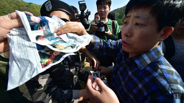 南北軍事境界線近くで反北朝鮮のビラを持つ活動家 - Sputnik 日本