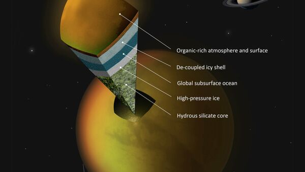 Схема устройства недр Титана, включающая в себя подземный океан на глубине в 100 километров - Sputnik 日本
